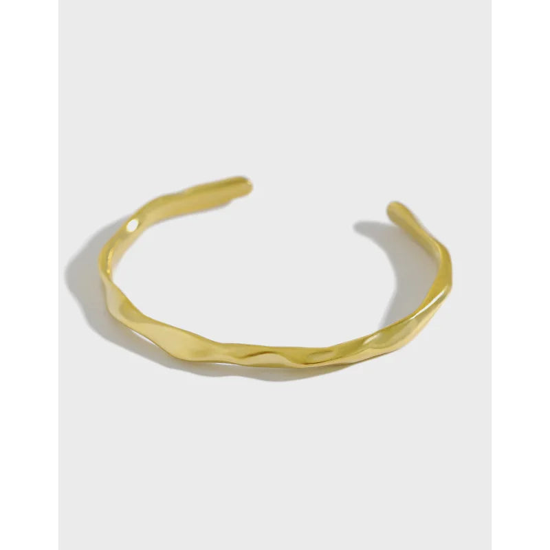 INS Wholesale Korean 925 Sterling Silver Round 18K Gold Plated Irregular Open Bangles for Women Silver Jewelry