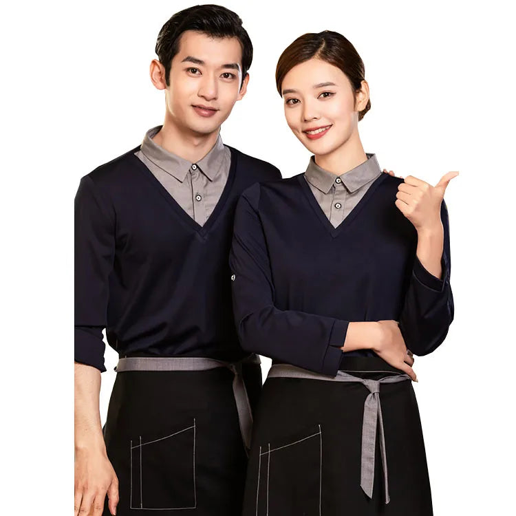 New Style Custom LOGO Faux Two-Piece Work Shirt Restaurant Bar Staff Uniform Top Waiter Waitress Casual Style TShirt Manufacture