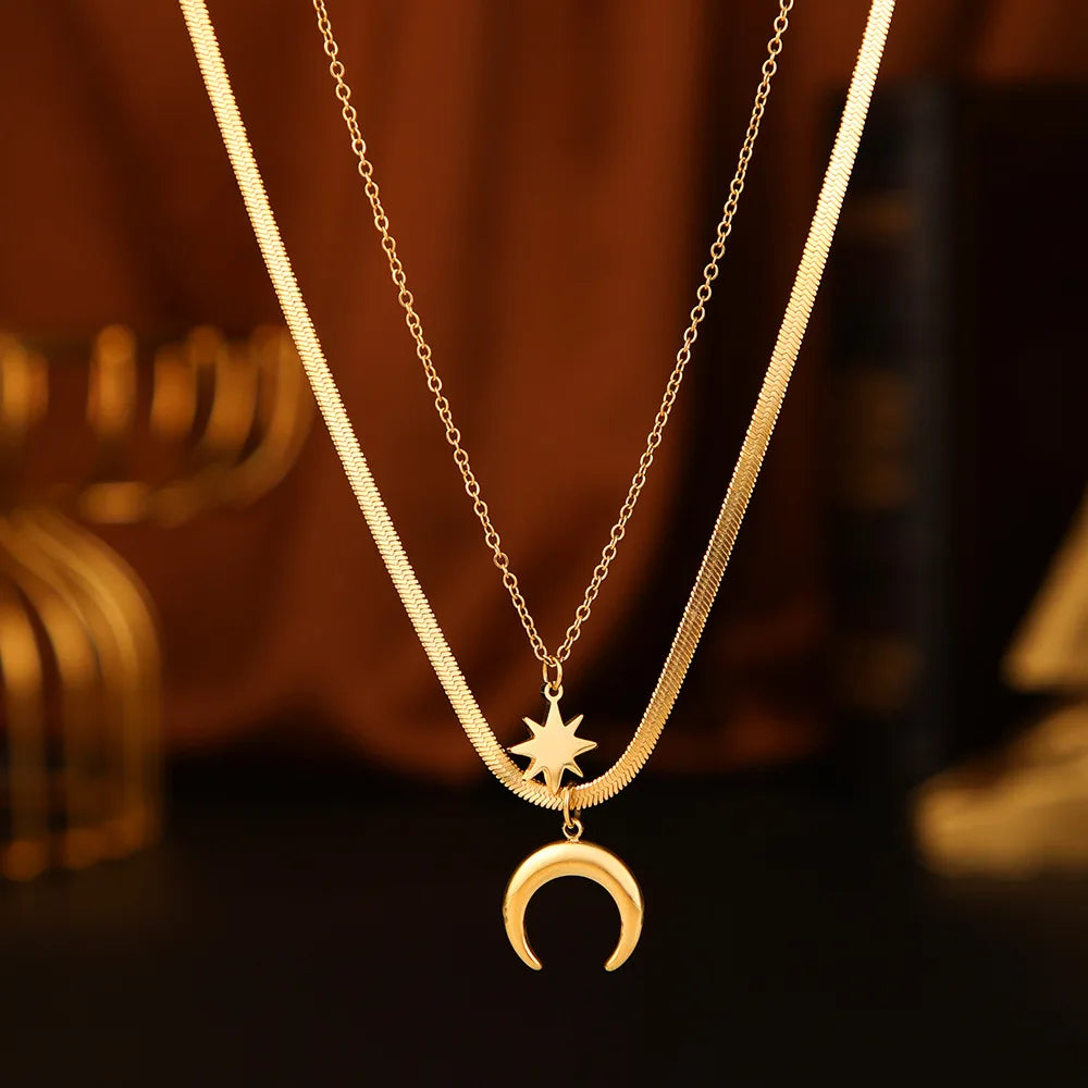 14K Gold Plated Jewelry Stainless Steel Layering Necklace Double Layer Flat Snake Chain Star and Moon Pendant Necklace YF3225