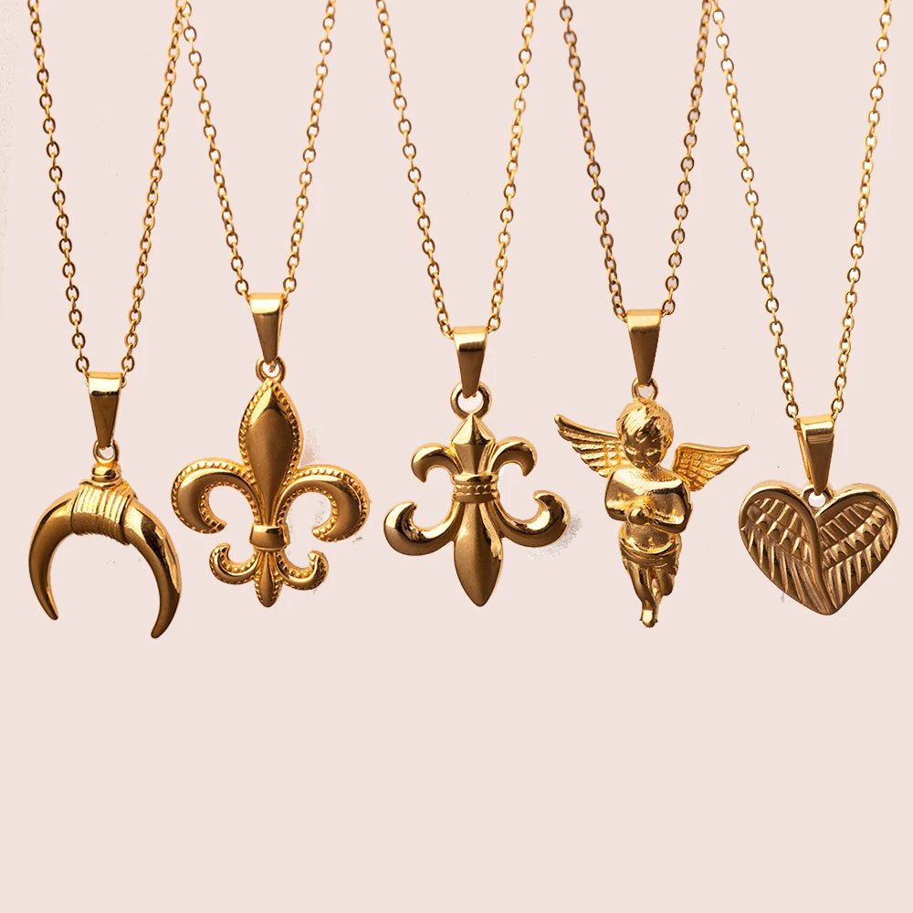 Fashion Jewelry Fleur De Lis Necklaces Men Tarnish Free Angel Wing Heart Pendant Stainless Steel 18k Gold Crescent Moon Necklace