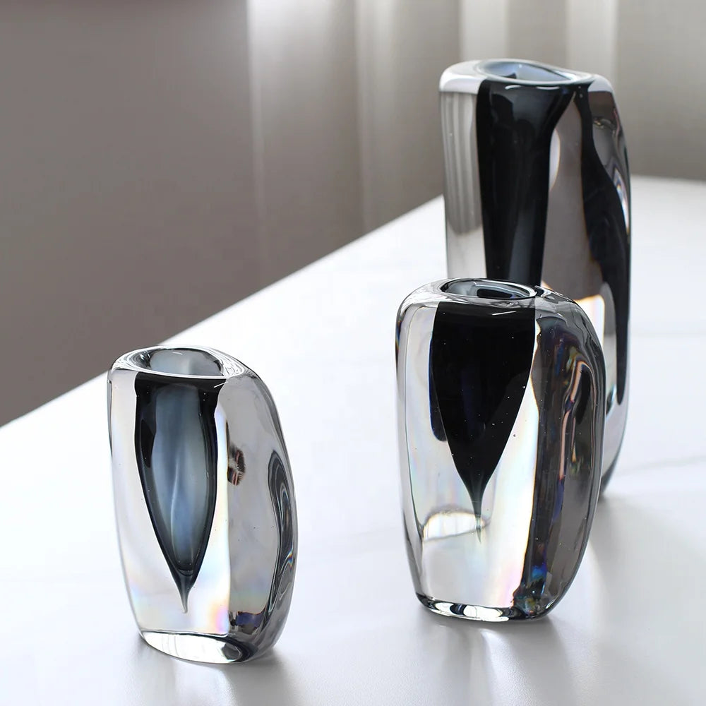 Handblown Modern Luxury Gray Art Glass Vase Unique Geometric Glass Diffuser for Home Decor or Gift