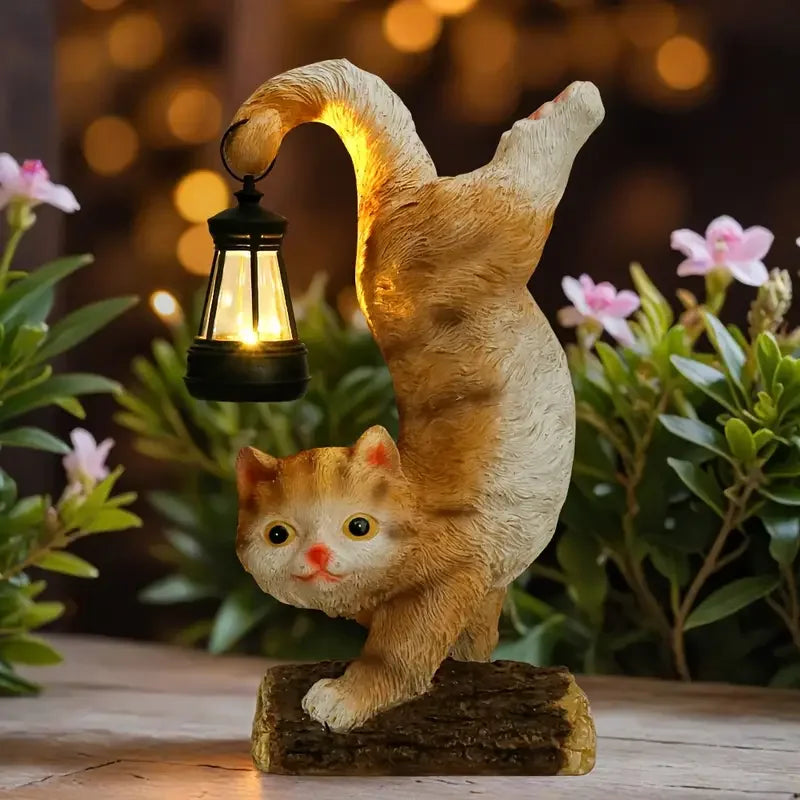 Hot Sale Cute Inverted Cat Resin Figurine with Glowing Lantern Tail Realistic Orange-White Fur Texture for Garden Home Decor