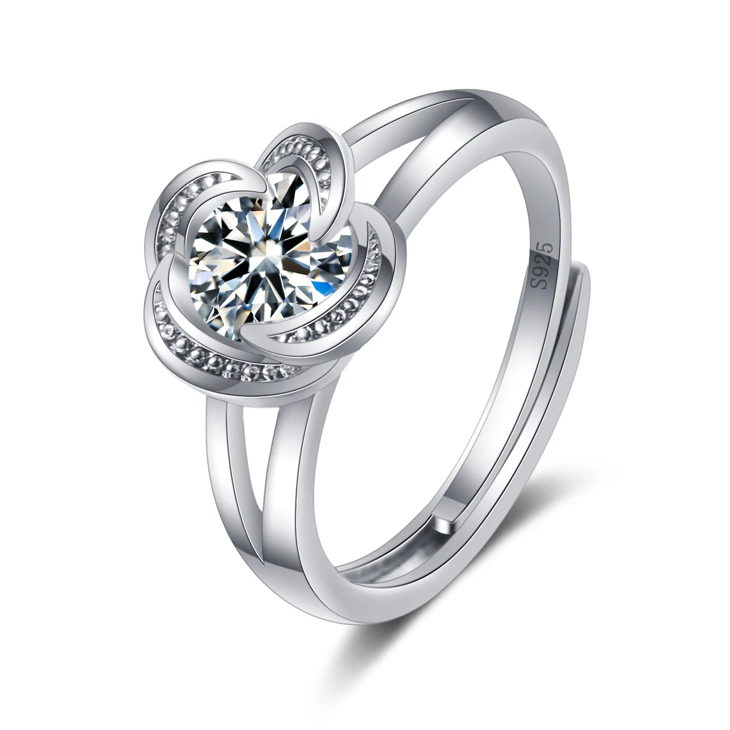 Luxury Silver Plated Wedding Ring for Women Moissanite Ring Shiny Flower 1 Carat Diamond Classic Engagement Finger Ring