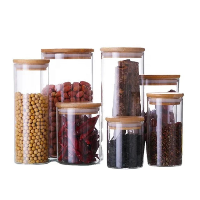 Set of 5 Hand Blown High Borosilicate Glass Clear Canister Home Kitchen Airtight Large Glass Food Storage Containers With Lids