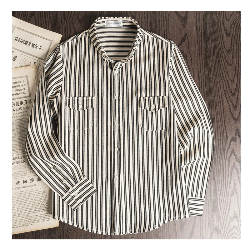 New Thick Plus Size Men's Long Sleeved Shirt Japanese Retro Casual Black and White Vertical Stripes Loose Shirt