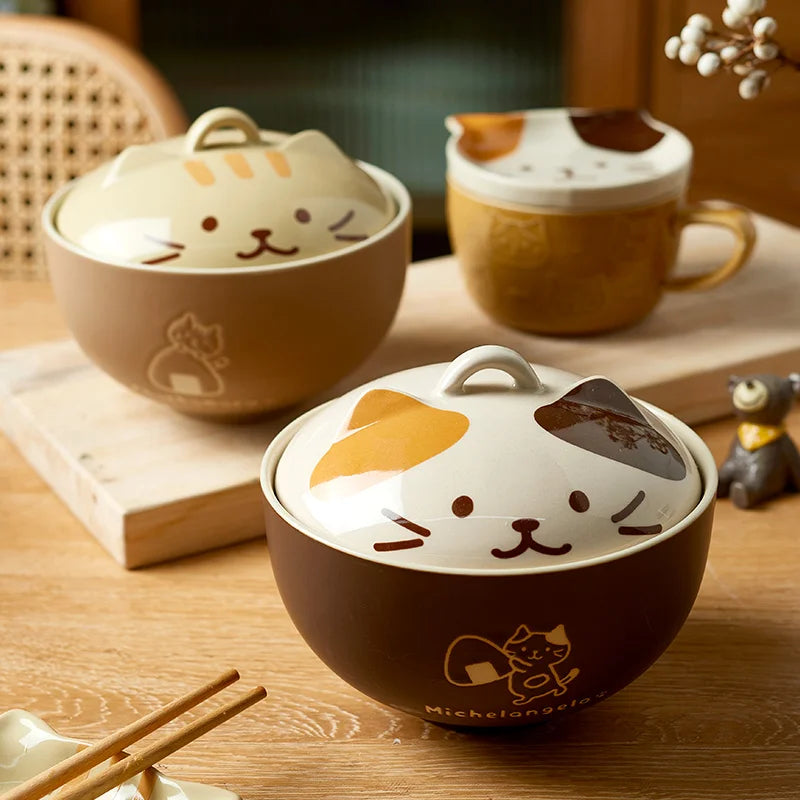 Wholesale Cute Ceramic Namen Bowl Cartoon Cat Shape Fruit Vegetable Salad Soup Noodle Bowls With Lid Kitchen Tableware Hotel Use