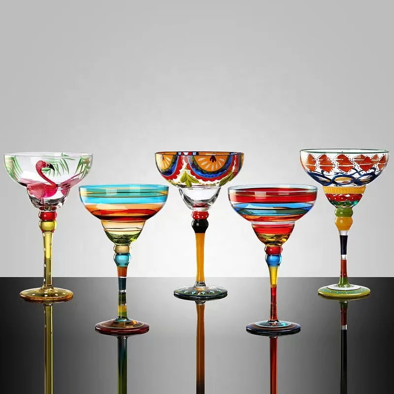 Unique Hand Drawn Colored Painting Martini Glass Cup for Home Decoration Centerpiece