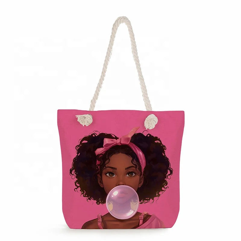 2025 Classic Outdoor Utility Retro Shoulder Cartoon Print Tote Large Capacity Beach Bag for Women
