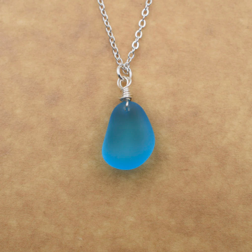 Ocean Beach Blue Sea Glass Necklace Jewelry Gift for Women