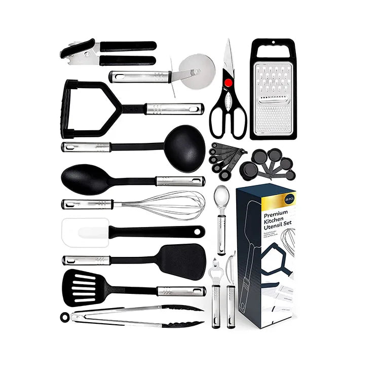 Amz Best Seller Nylon & Stainless Steel 25-Piece Non-Stick Heat Resistant Kitchen Utensils Set