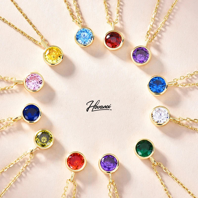 HOVANCI New Design Gold Plated 925 Sterling Silver Birthstone Charms Jewelry Necklace