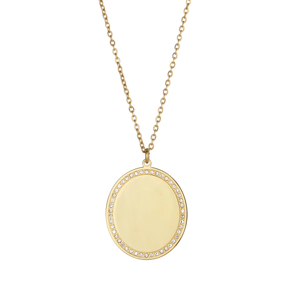 18K Gold Plated Waterproof Stainless Steel Pendant Necklace with Engraved Letter Blank Mirror Polished Crystal Fashion Accessory