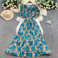 Women's Summer French Vintage Printed V-Neck Short Sleeve A-line Knee Length Elegant Dresses