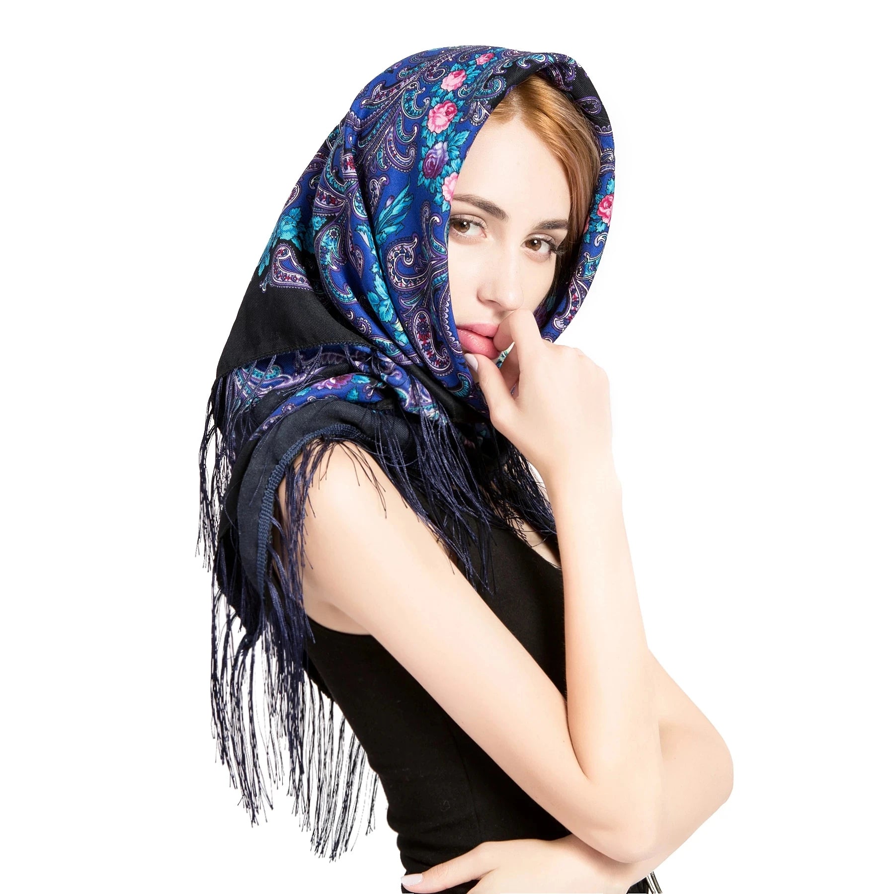 Women's 90*90cm Retro Floral Print Fringed Blanket Scarves Shawls Babushka Handkerchief Hijab Head Wrap Russian Style Autumn