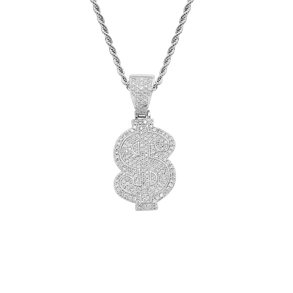 CN351 Brass Setting Zircon Pendants Hip Hop Rope Chain Silver Plated Iced Out Necklace Party Gift