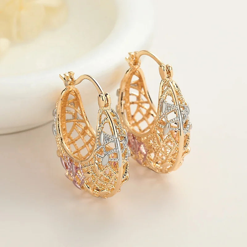 Brass Earrings Hollow 18K Gold Plated Copper Alloy Zircon Women'S Hanging Hoop Stud Earrings Colorful Pattern Fashion Jewelry
