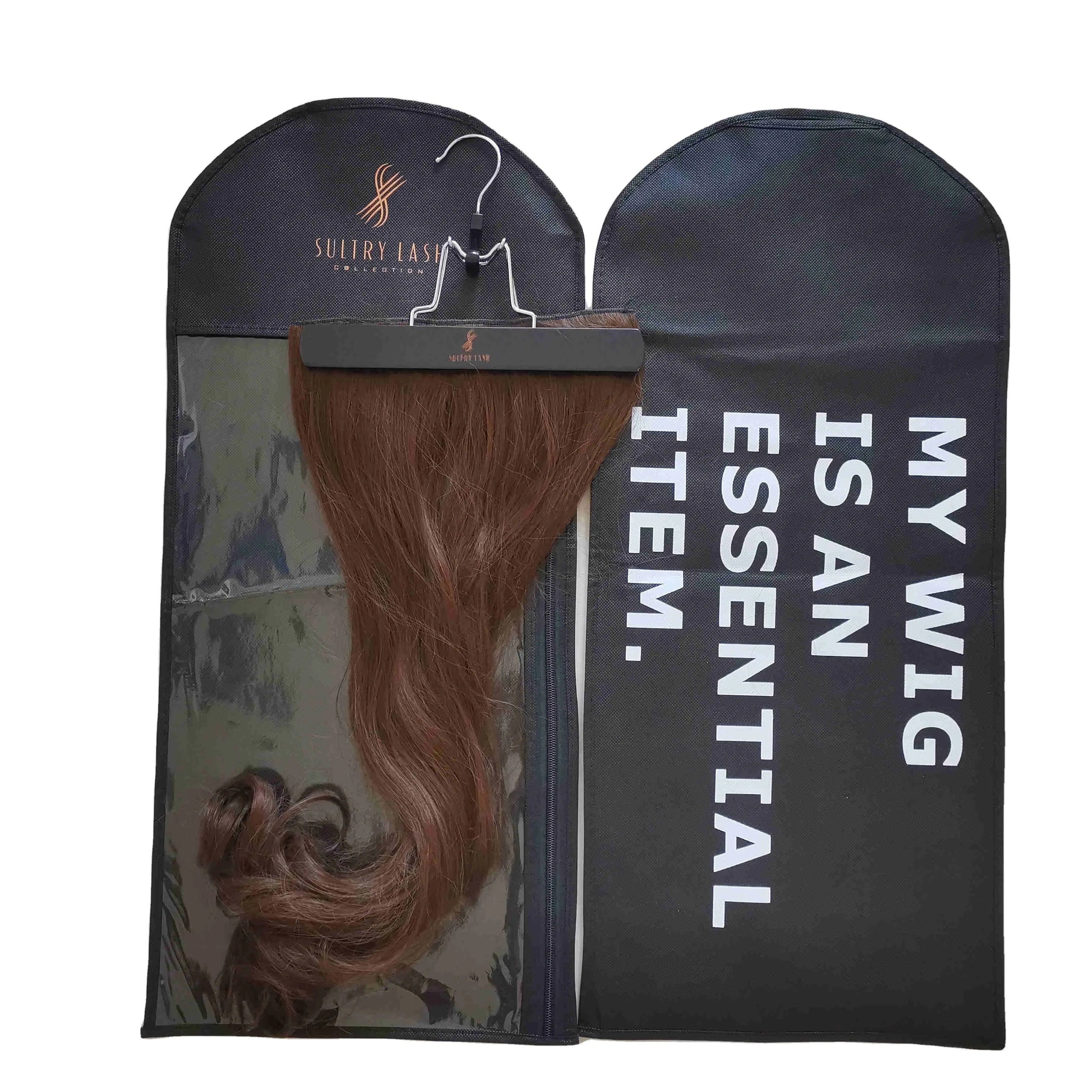 25'' Wig Storage Bag with Hanger Black Hair Extension Bag with Wooden Hanger Luxury Hair Extension Packaging Bags