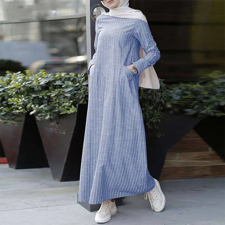 S-5XL Muslim Women's Dress Retro Large Fashion Women's Casual Dress Long-sleeved Striped