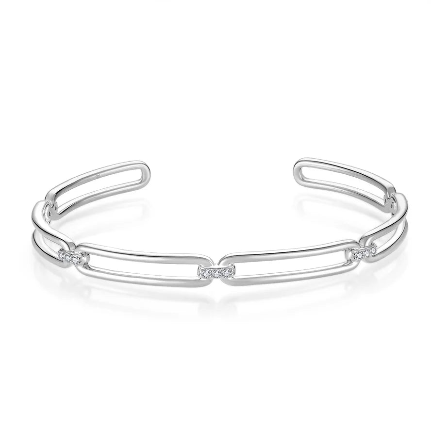 YILUN 925 Sterling Silver Chain Link Designs Cuff Bracelet Rhodium Plating CZ Diamond Accent Open Cuff Bracelet for Women