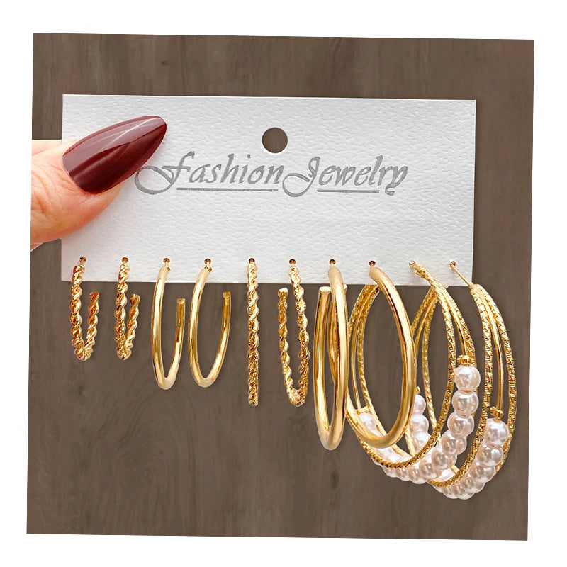VKME 5Pcs/Set Punk Style Hoop Earrings Set Pearl Charm Earrings for Women Jewelry