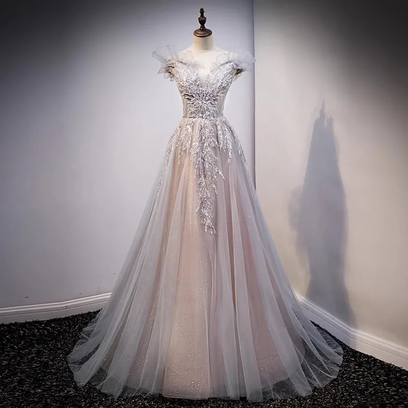 2024 New Temperament Color Yarn High-end Luxury Tail Host Dream Sen Department Vocal Art Test Evening Dress Woman