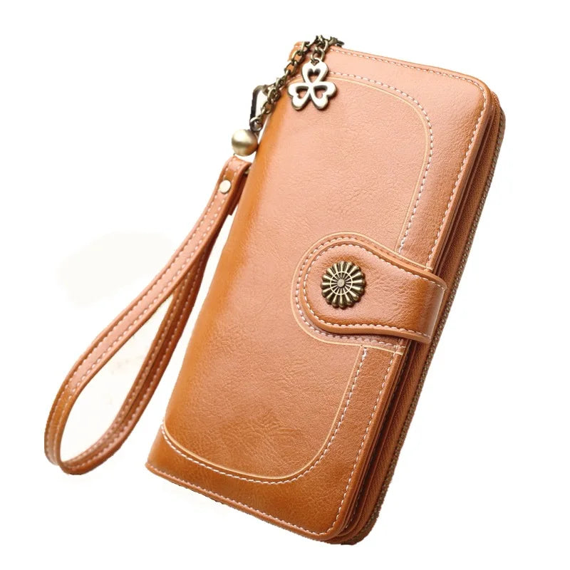 New Model Fashion Oil wax PU Leather Long Style Multifunction Clutch Wallet For WomenLady Cell Phone Bag In Stock Wholesale