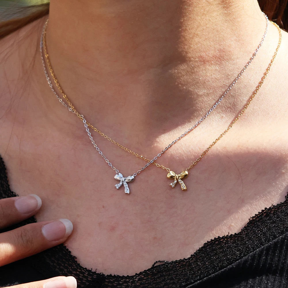 Elegant Design Bowknot Pendant Necklace Women Shiny Crystal Zirconia Wedding Gift Stainless Steel Temperament