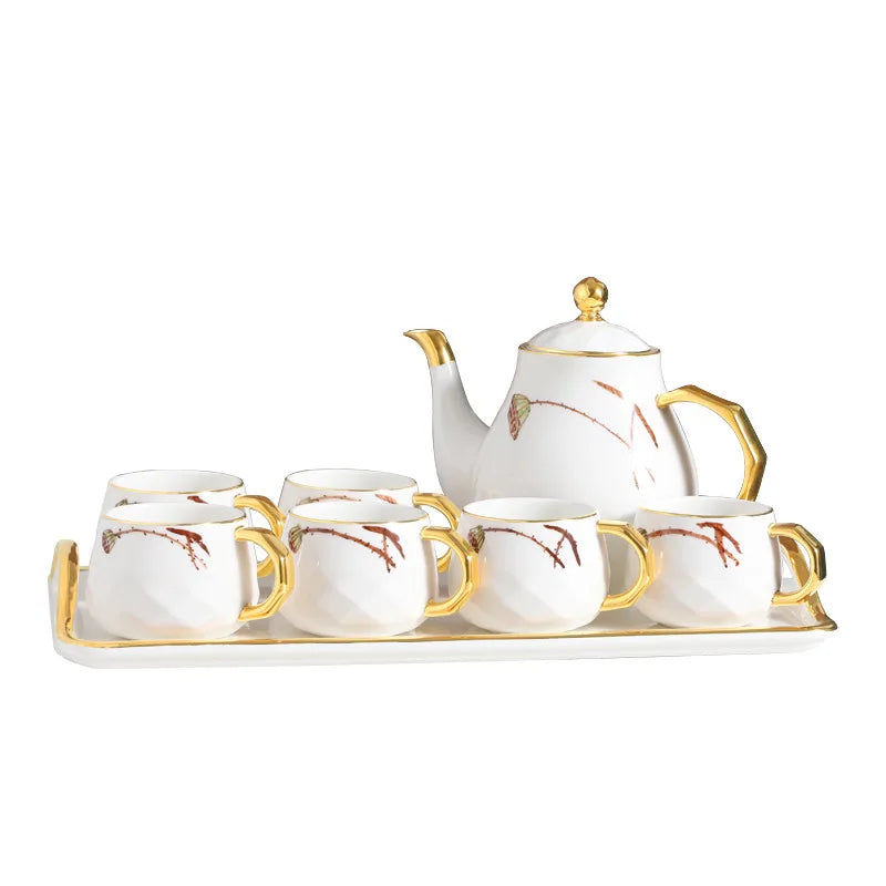 Zogifts New Arrival White Gold Rim 8Pcs Six Cups and Tray Ceramic Tea Sets With Teapot for Gift Electrical Tea Set with Kettle