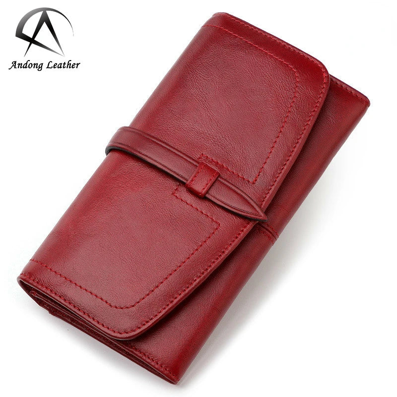 Andong Leather RFID Fashion Long Wallet for Women Genuine Cow Leather Vintage Zipper Money Clip All-match Zipper Purses MegaBDM