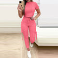 S-3XL Casual Sports Pants Set Short Sleeved Short Top Women's Drawstring Pocket Pants Set of 2 Pieces