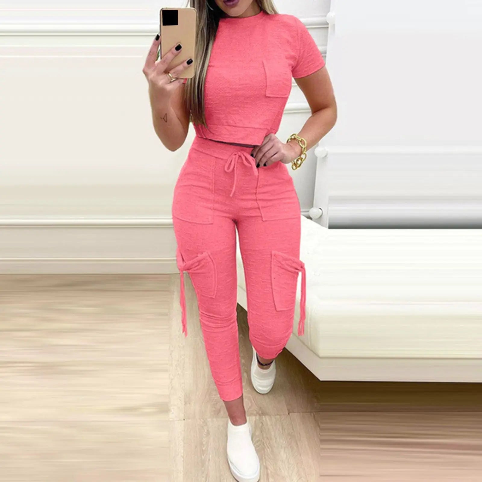S-3XL Casual Sports Pants Set Short Sleeved Short Top Women's Drawstring Pocket Pants Set of 2 Pieces