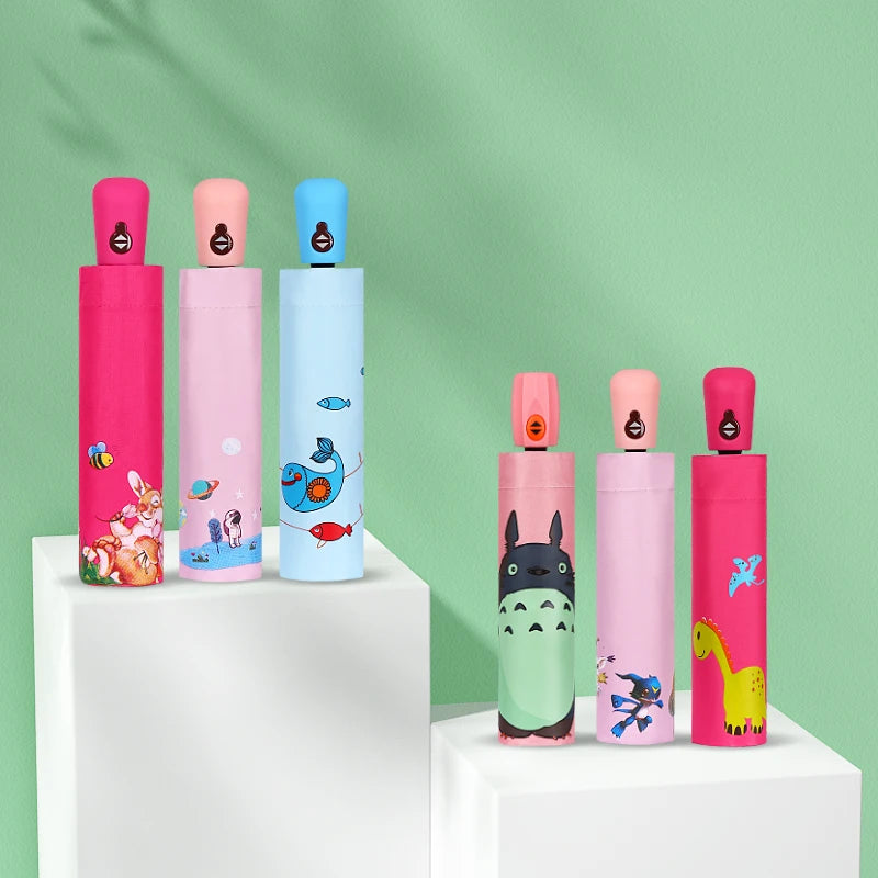 New Automatic Cartoon Kids Umbrella Sunny Umbrella Three Fold Cartoon Black Rubber Umbrella
