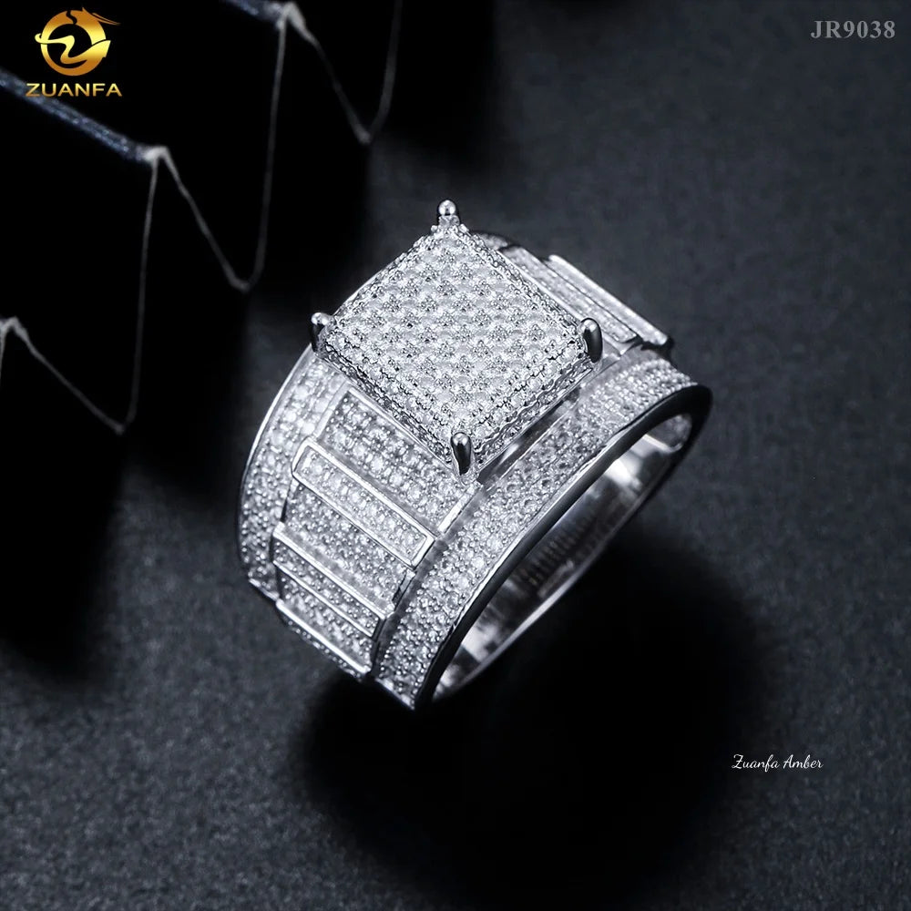 Factory Price VVS Moissanite Ring Custom Hip Hop Jewelry 925 Sterling Silver White Gold Iced Out Men Ring