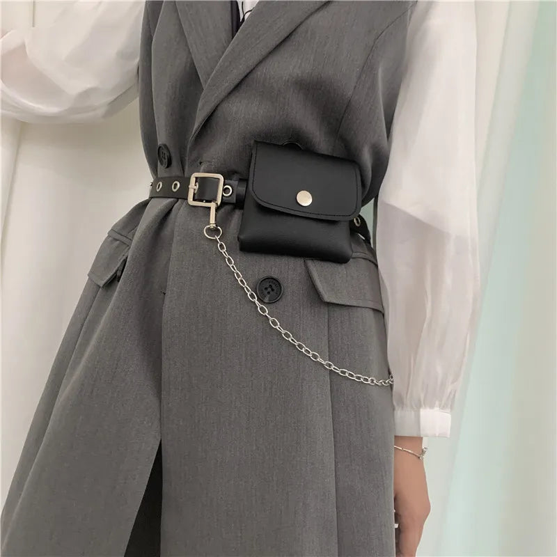 Punk Pu Leather Concave Modeling Chain With Bag Belt Fashion Joker Women's Belt Full Hole Coat Belt