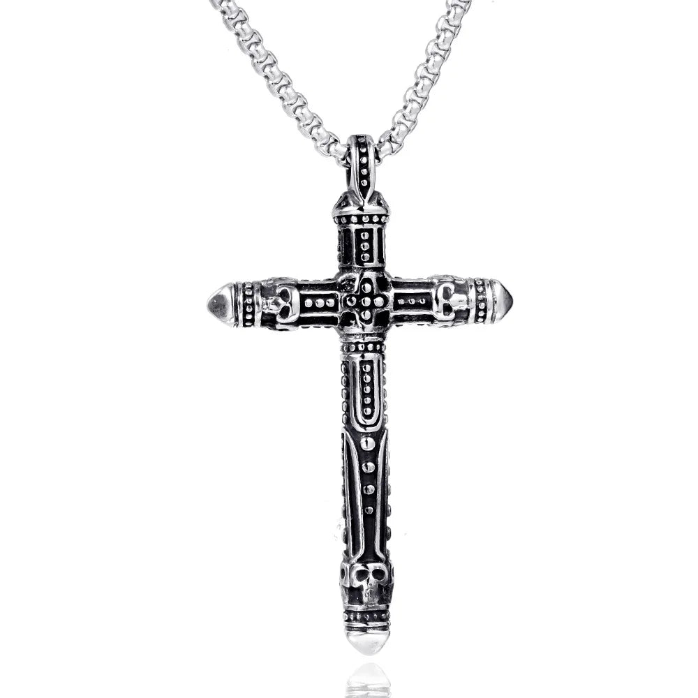 European and American Stainless Steel Cross Pendant Personality Flower Men's Cross Necklace with Accessories