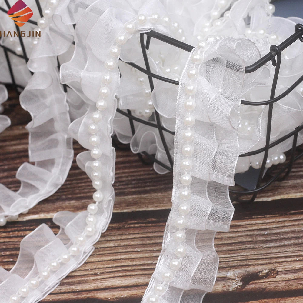 White Double-layer Pleated Gauze With Pearl Lace Fabric Pearls Organza Ruffled Lace Trim for Wedding Cosplay Party Dress