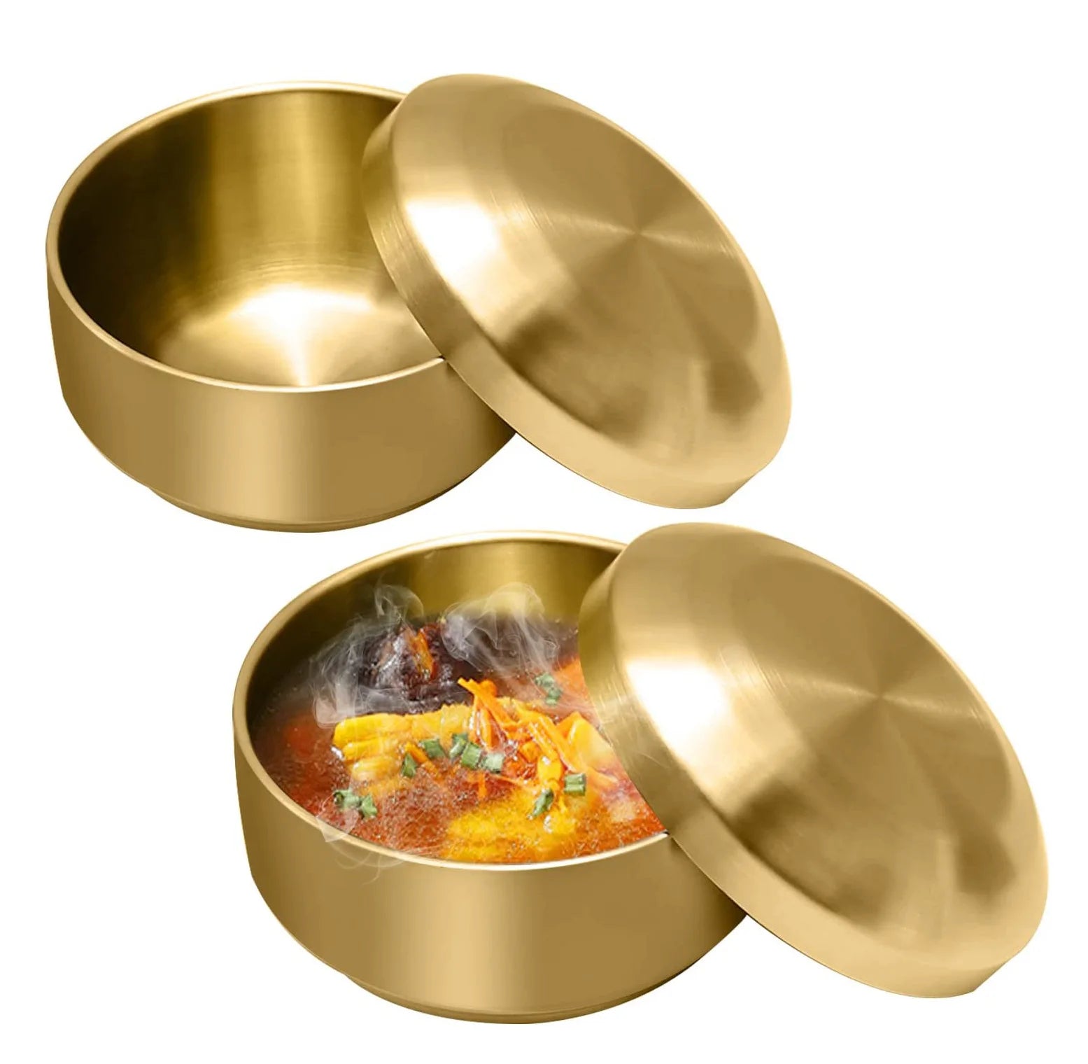 Korean Eco-Friendly 304 Stainless Steel Rice Bowl Double Wall Insulated Lids Matte Polished 10.5cm Gold/Silver Stocked Parties