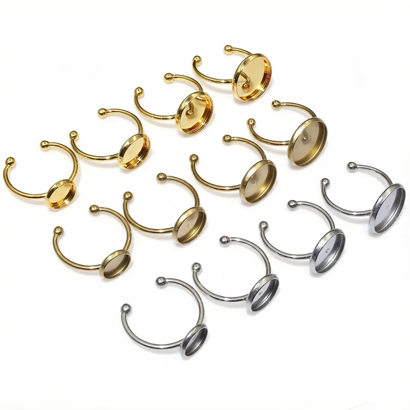 10pcs 8/10/12//14/16/18/20mm Stainless Steel Gold Plated Adjustable Ring Settings Blank BaseFit 8-25mm Glass Cabochons Bezels