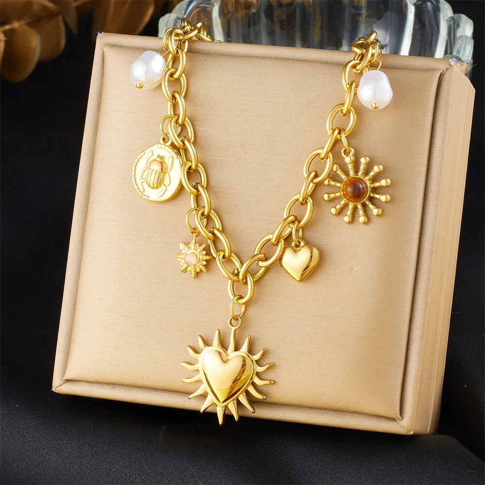 18k Pvd Gold Plated Stainless Steel Heart Sun Pearl Insect Charm Necklace Tarnish Free Thick Chain Pendant Necklace for Women