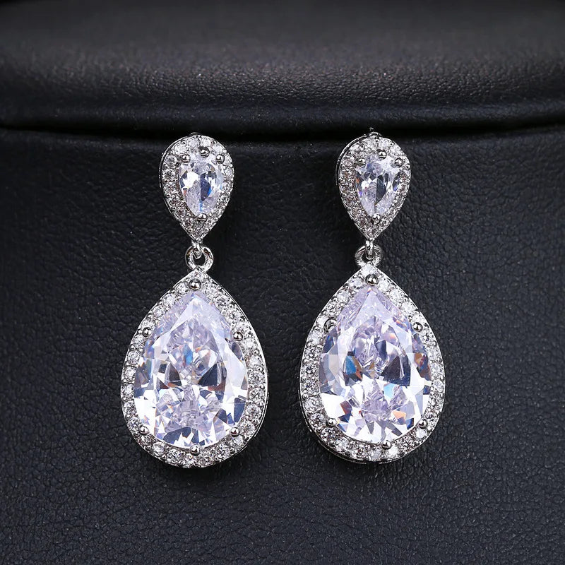 SLBRIDAL Trendy Bijoux Anti-allergic Girl Fashion Cubic Zircon Earring WaterDrop CZ Earring Women Dangle Bridal Wedding Earring