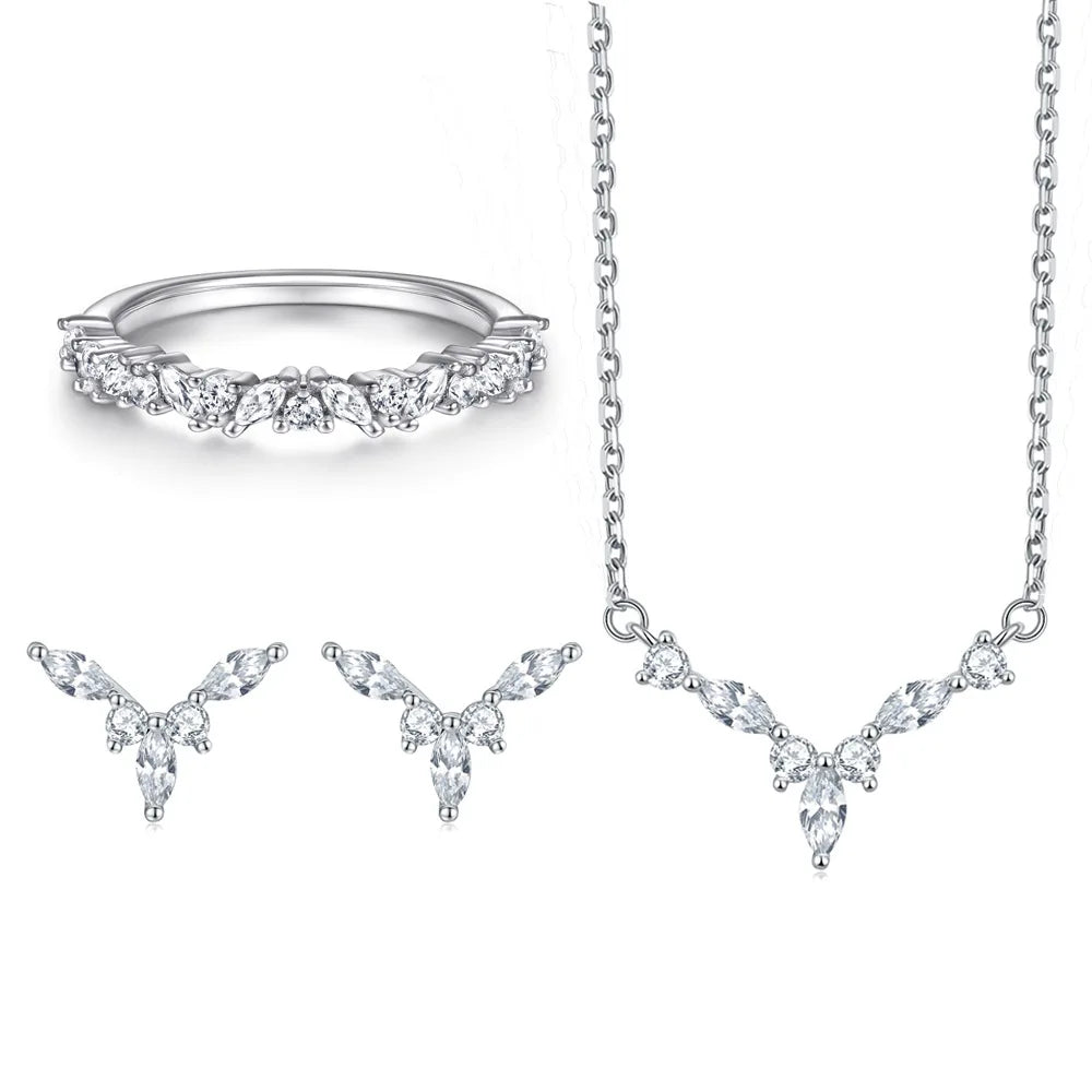 Trendy Fashion Jewelry Sets Marquise Cut Women Ring Necklace Earrings Rhodium Plated 925 Sterling Silver Jewelry Sets