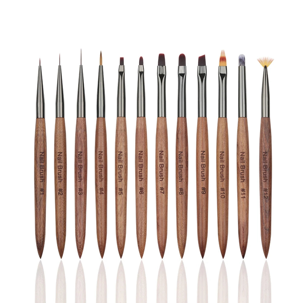 Free Sample Manufacture Professional OEM 12pcs Acrylic Kolinsky Nail Brushes Sandalwood Handle100% Pure Kolinsky Nail Brushes