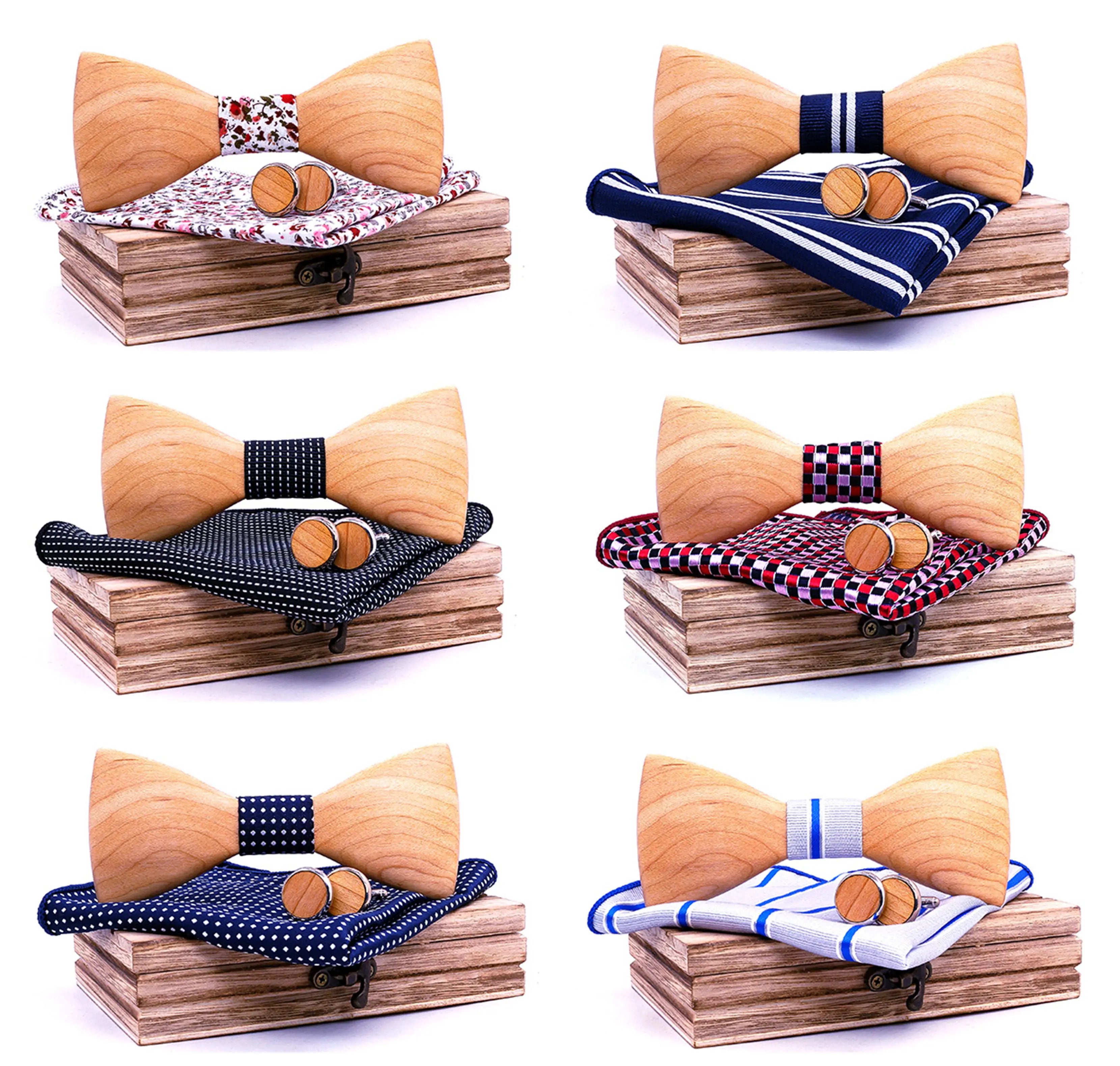 Fashionable White Wooden Bow Tie Set 3D Design with Handkerchief and Cufflink Popular Cravats