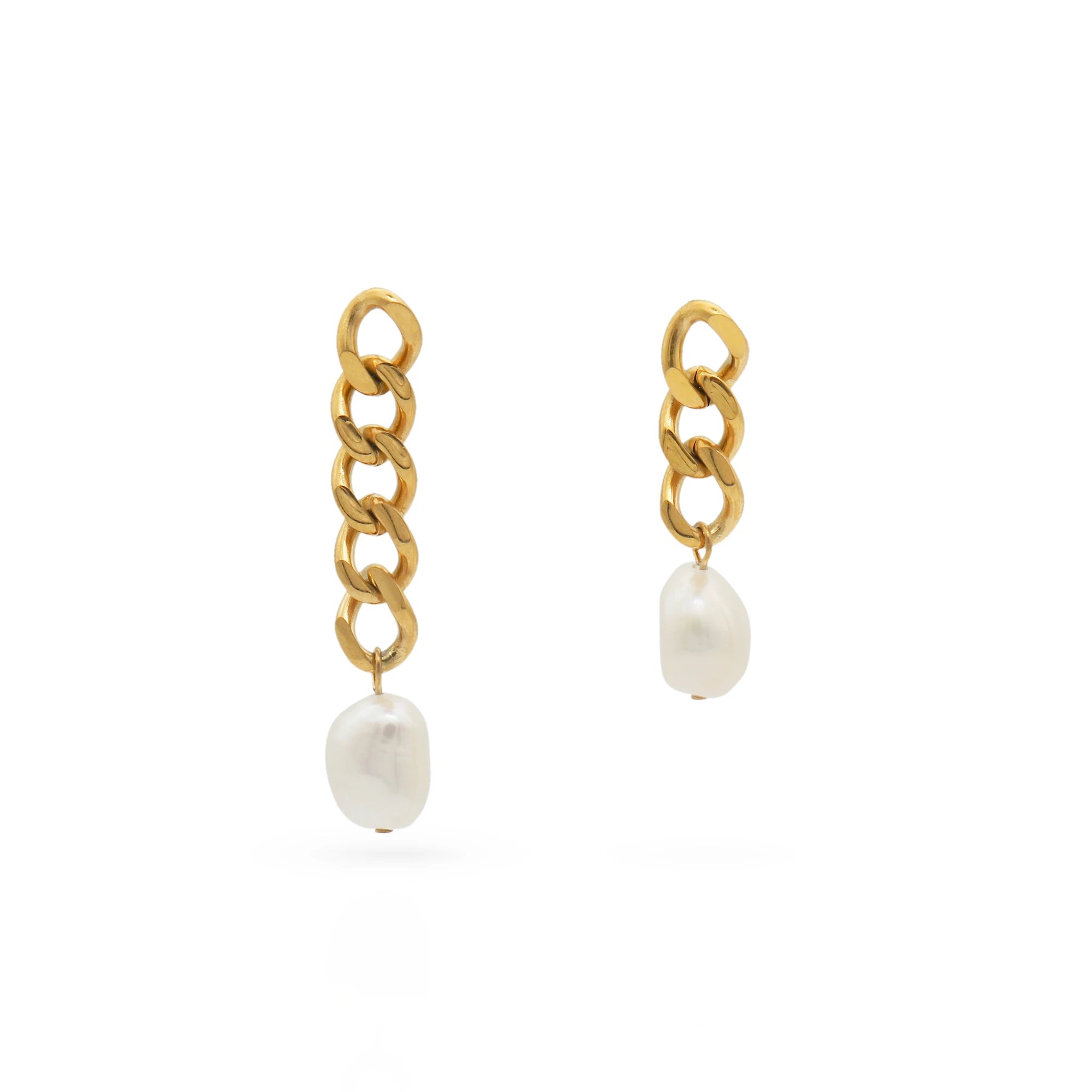 Chris April Fashion 316L Stainless Steel PVD Plated Asymmetry Chain Freshwater Baroque Pearl Earrings