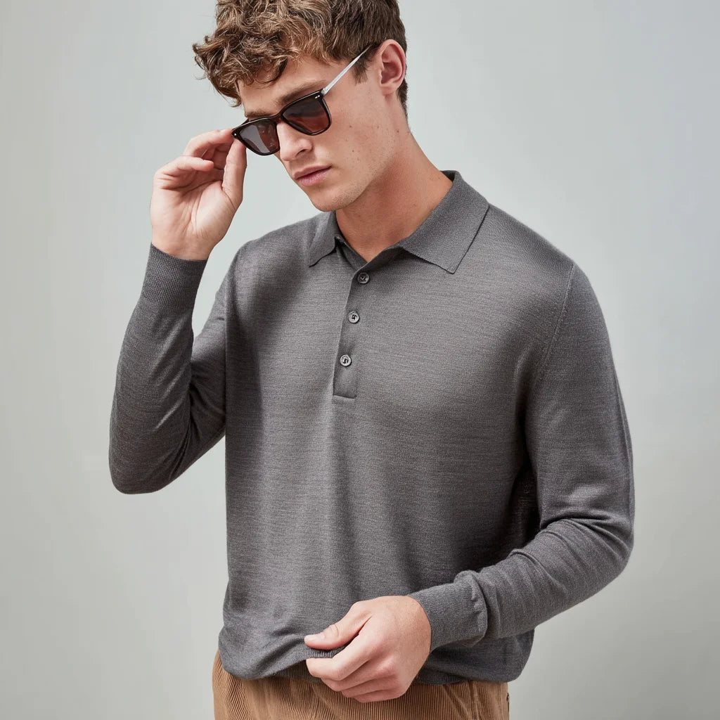 Men's Sophisticated Merino Wool for Polo Sweater Winter Knitwear with Collar and Button Placket for Smart Casual Look