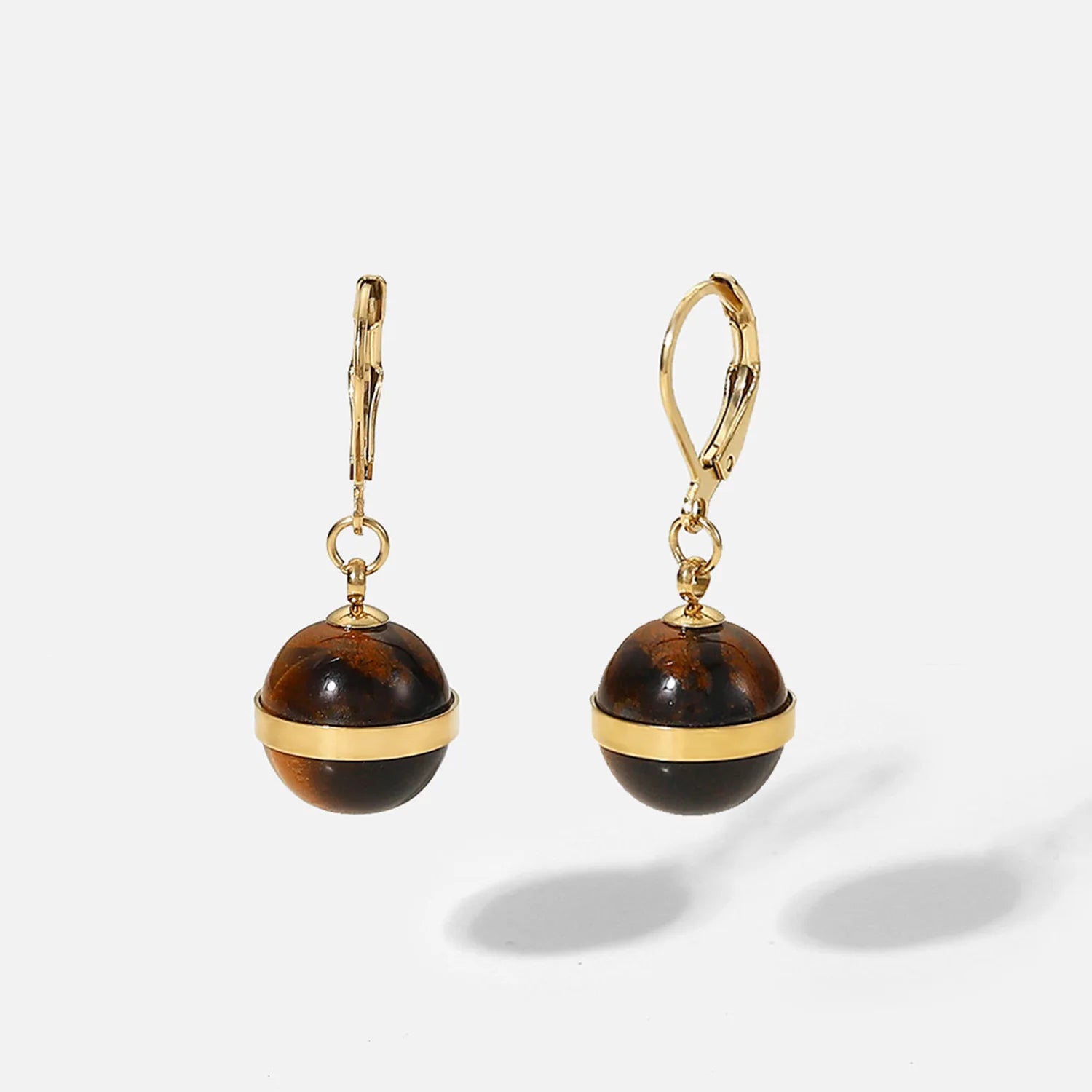Minos Jewelry Tiger Eye Earrings Stainless Steel Non Tarnish 18k Gold Luxury Round Bead Brown Gemstone Huggie Earrings