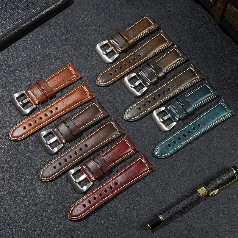 20mm 22mm 24mm 26mm Italian Leather Watch Bands Heavy Duty Pvd Black Buckle Handmade Top Grain Genuine Leather Watch Strap