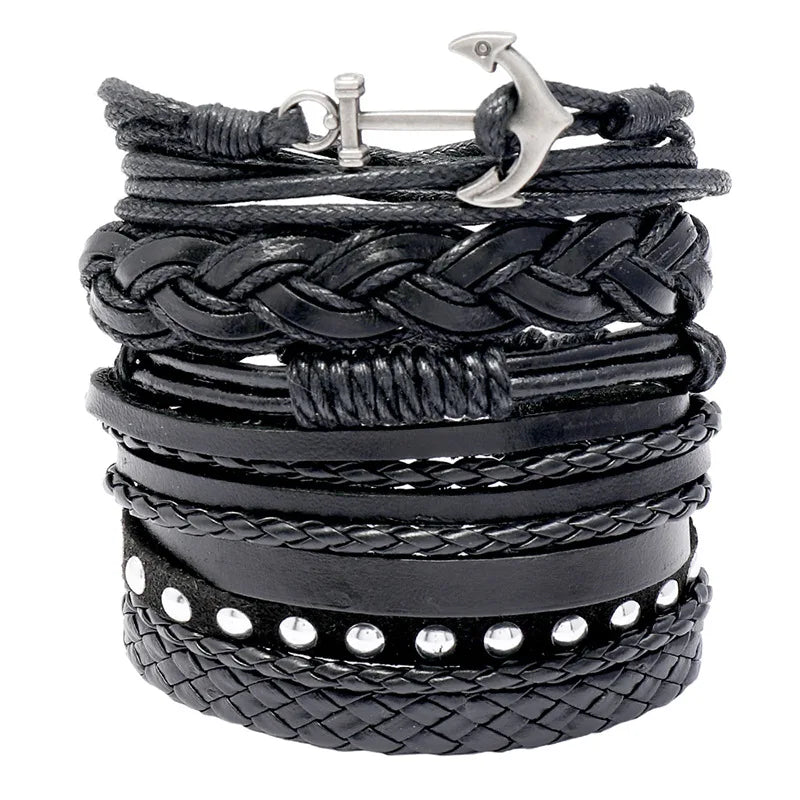 Hot Sale Handmade Woven Anchor Leather Bracelets 6pcs/set Punk Rivet Bracelet for Men Women Hip-hop Fashion Charm Bracelets