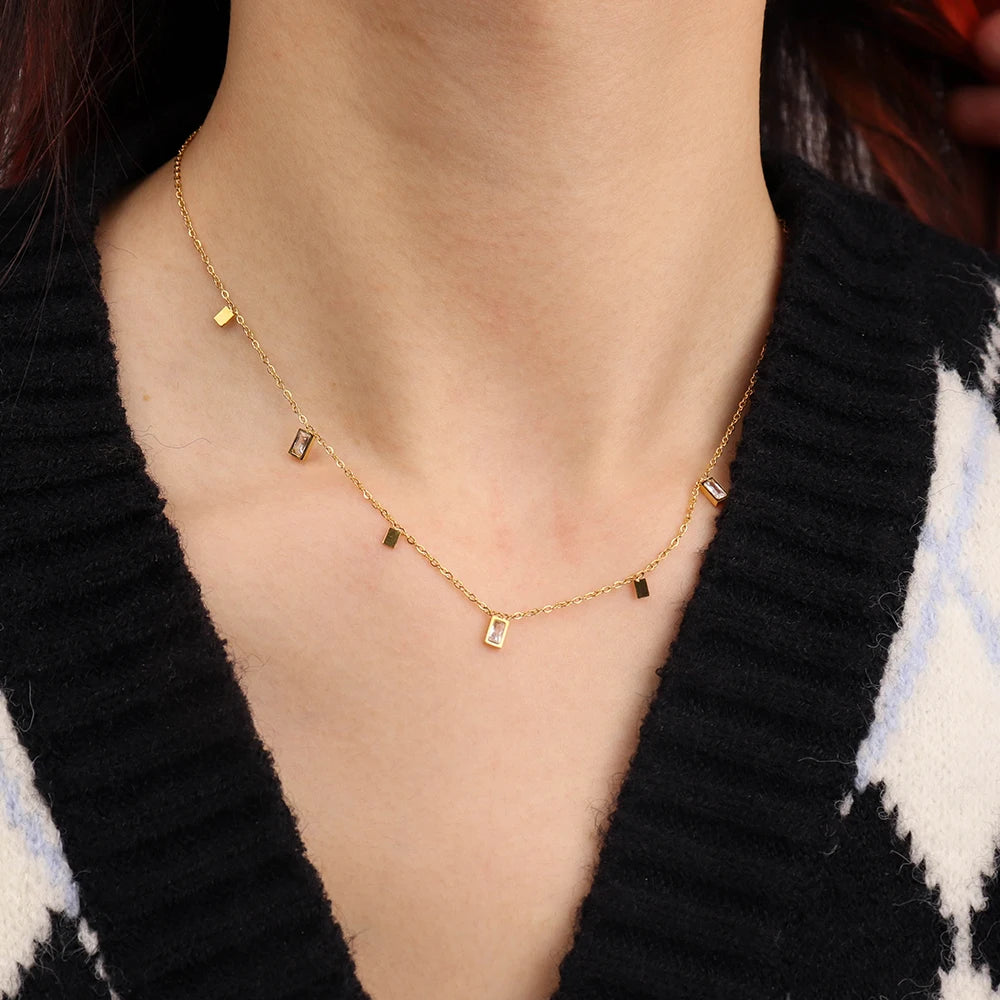 Chris April Minimalist 316L Stainless Steel Geometric Zircon Charm Choker Necklace