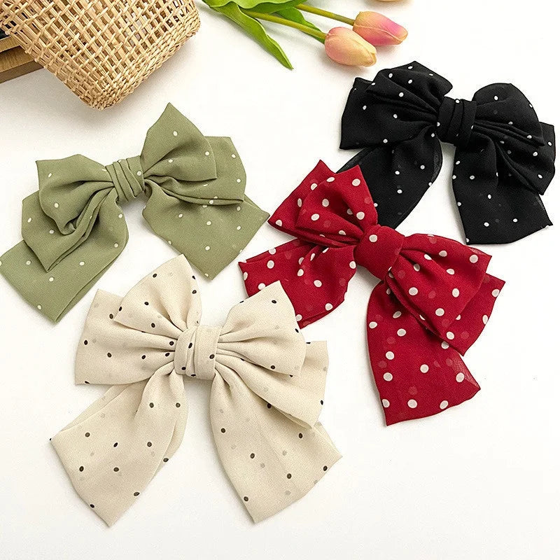 Factory Wholesale Korean Style 4 Colors Dots Fabric Big Bow Clips Red Spots Hair Clips for Girls